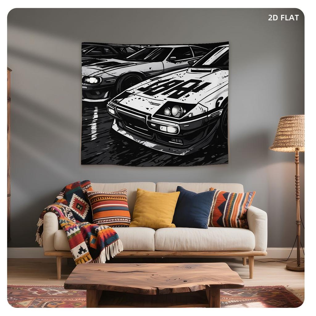 Black White Sports Car Graffiti Tapestry, Speed Illustration Wall Art For Bedroom Living Room Office Party Multi-Size Decor