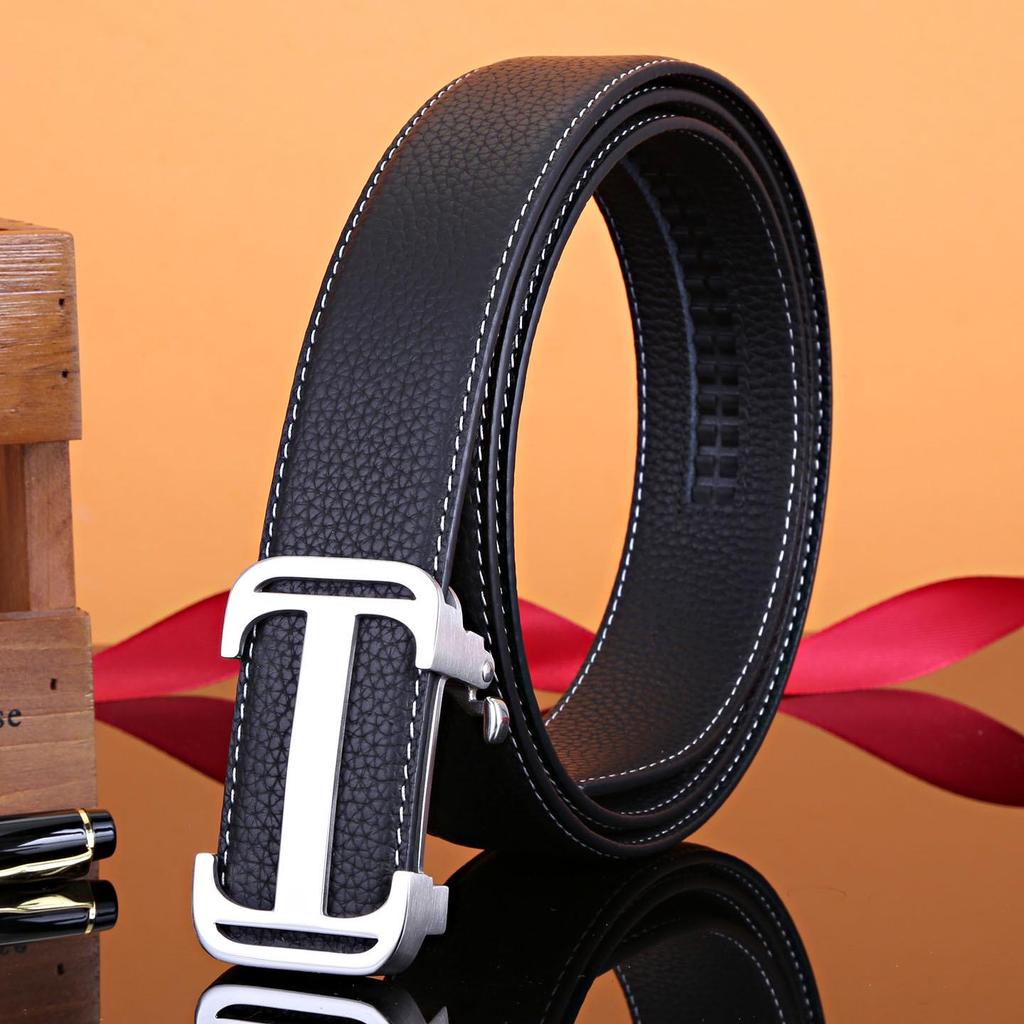 Men's Automatic Buckle Stainless Steel Belt, Genuine Leather Cowhide, Youth Versatile Casual Design