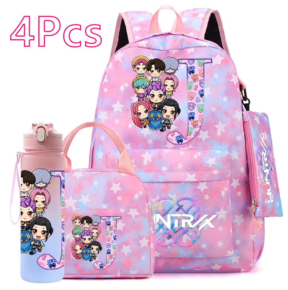 4Pcs/set 26 English Letter K-POP Printed Backpack Handbag Pencil Case 750Ml Water Bottler for Teenager Boy Girl Bookbag Schoolbag With Drinking Cup