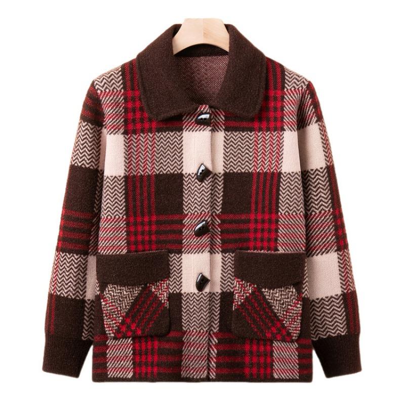 Middle-aged mother plaid knitted sweater jacket the elderly new spring and autumn lapel top cardigan sweater women