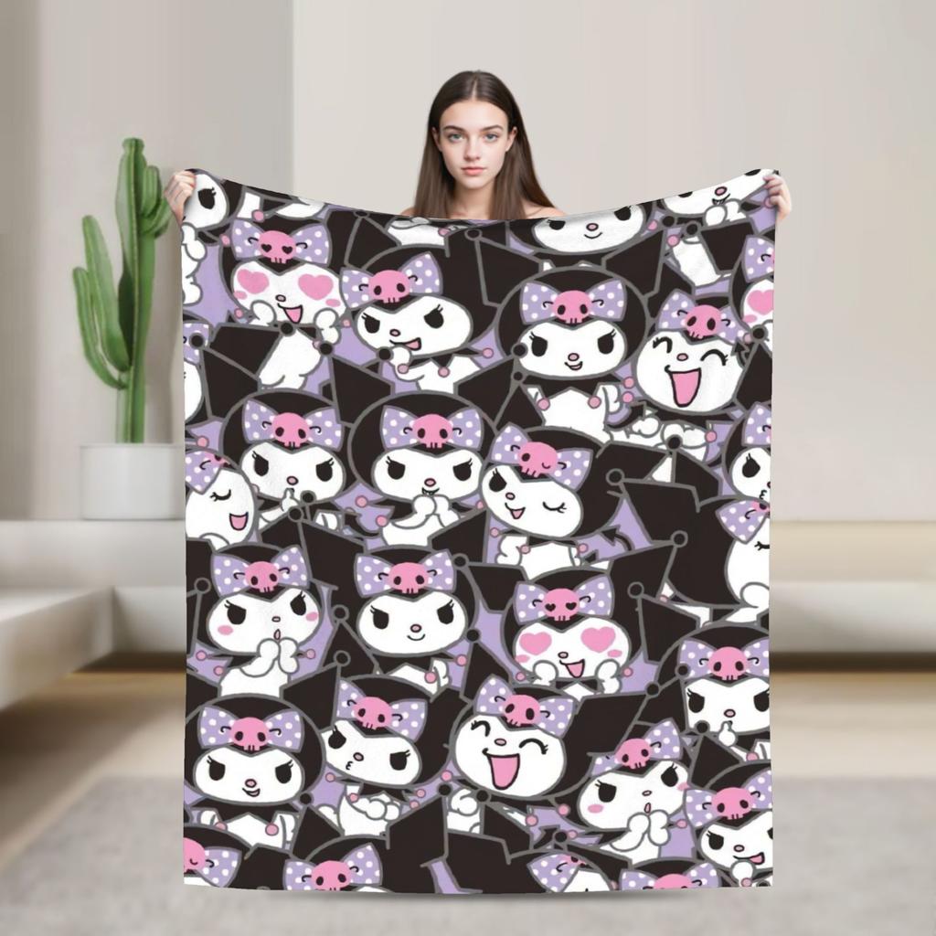 Purple Kuromi Blankets Kawaii Cartoon Wool Awesome Breathable Throw Blankets for Bedspread Autumn/Winter