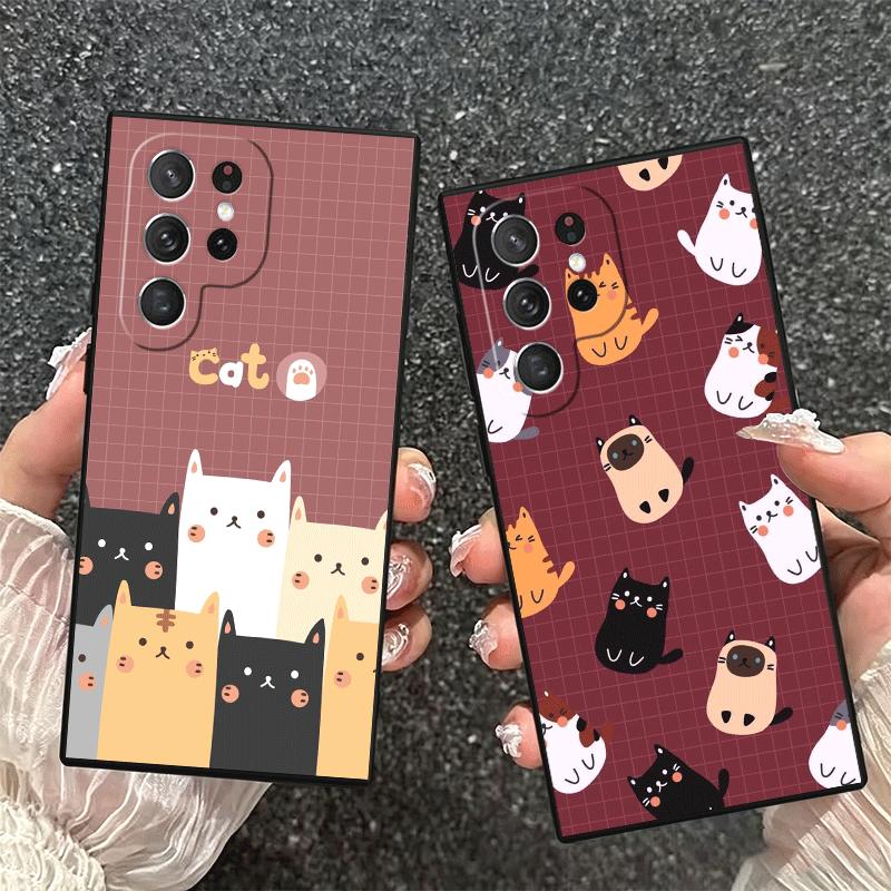 Cartoon Cute Cats Theme Soft Phone Case for Samsung Galaxy S26 S25 Edge S24 Ultra S23 Plus S22 S21 FE S20 Black Cover Back Shell