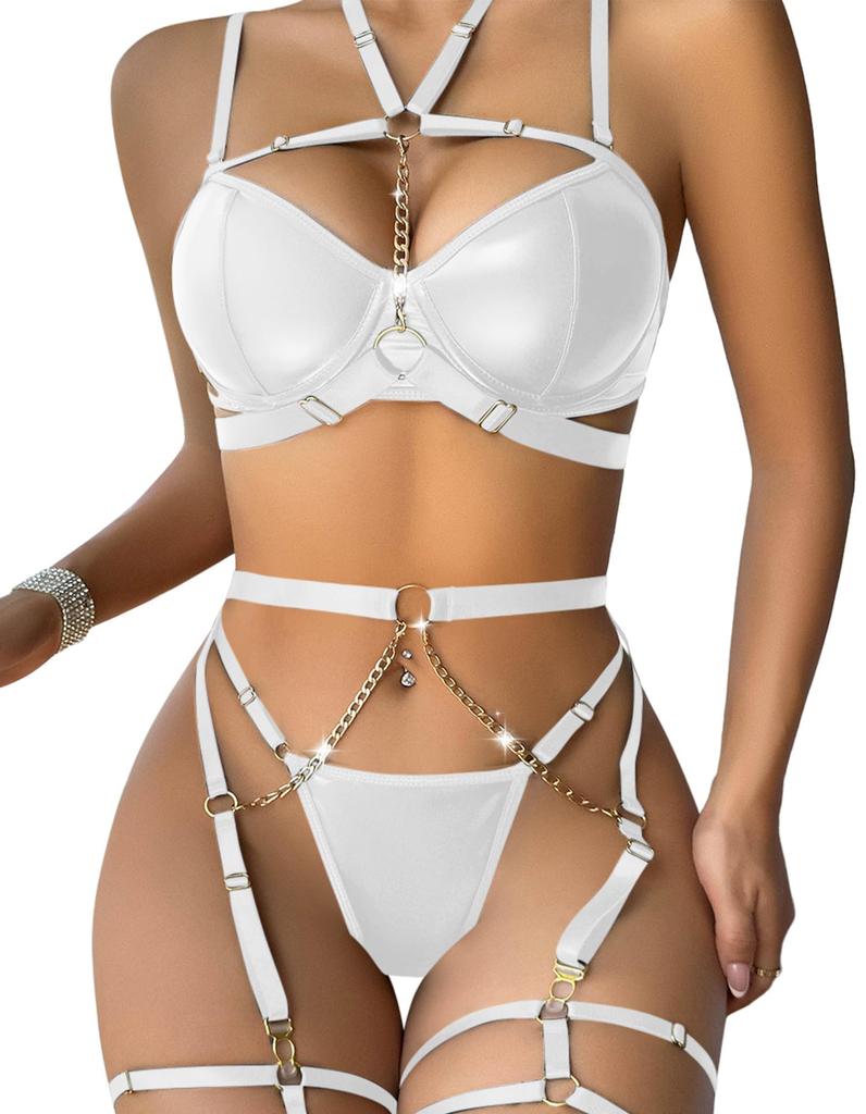 Lilosy Sexy Pu Leather Strappy Underwire Garter Belt Lingerie Set