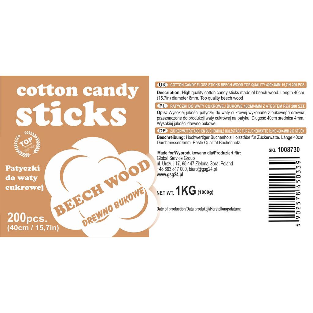 Cotton Candy Sticks, Beech, Wooden, 40cm, Pzh Approval, 200 Pcs
