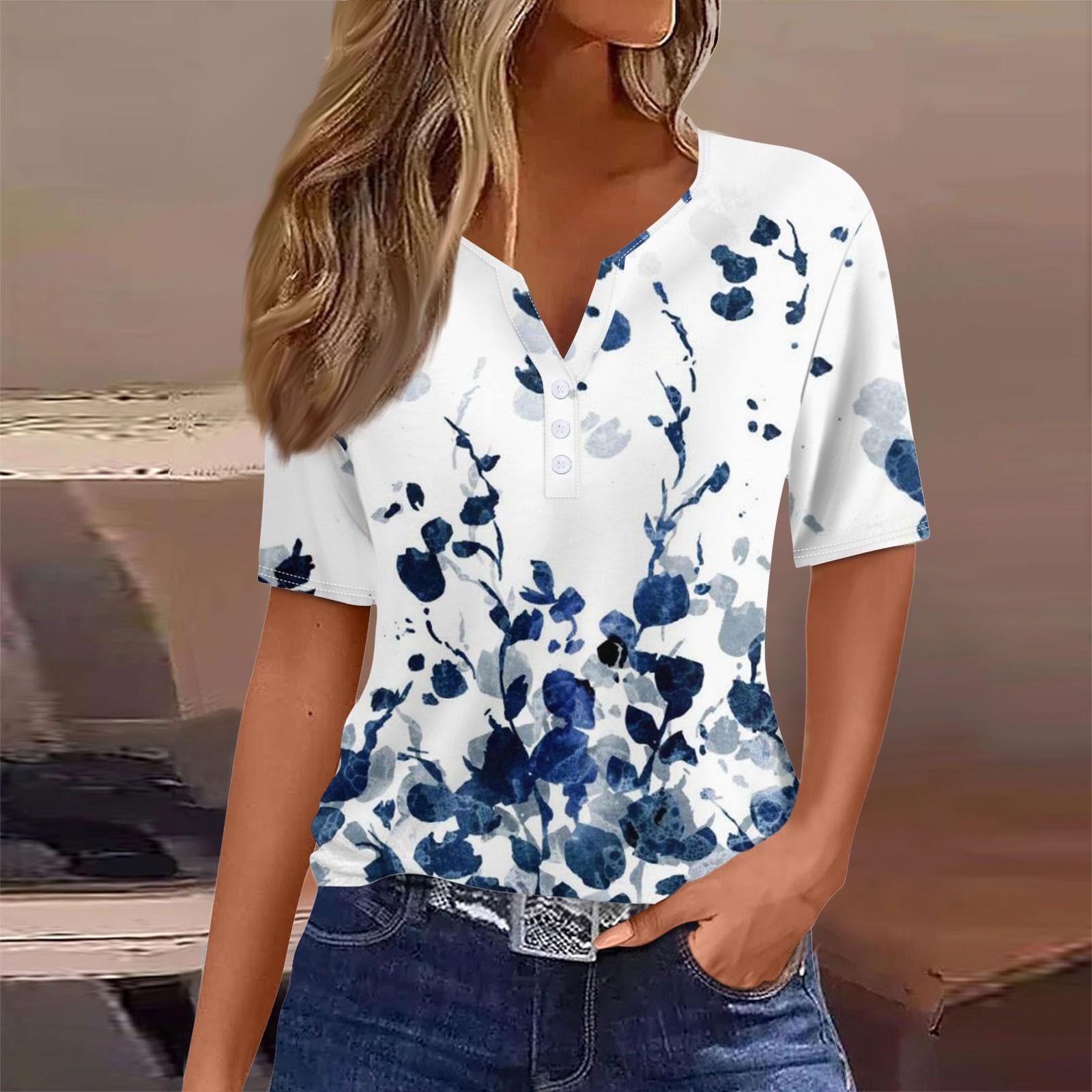 

Жен. Футболка Футболка С принтом Пуговицы С короткими рукавами Повседневные Выходные Мода Классический V-образный вырез Обычный Верх XXL