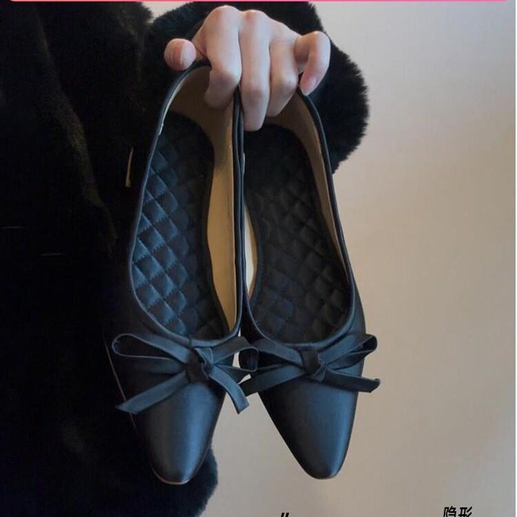 Sheepskin version~ One-pedal flat-bottomed commuter single shoes women's French bow versatile shallow mouth pointed ballet shoes tide