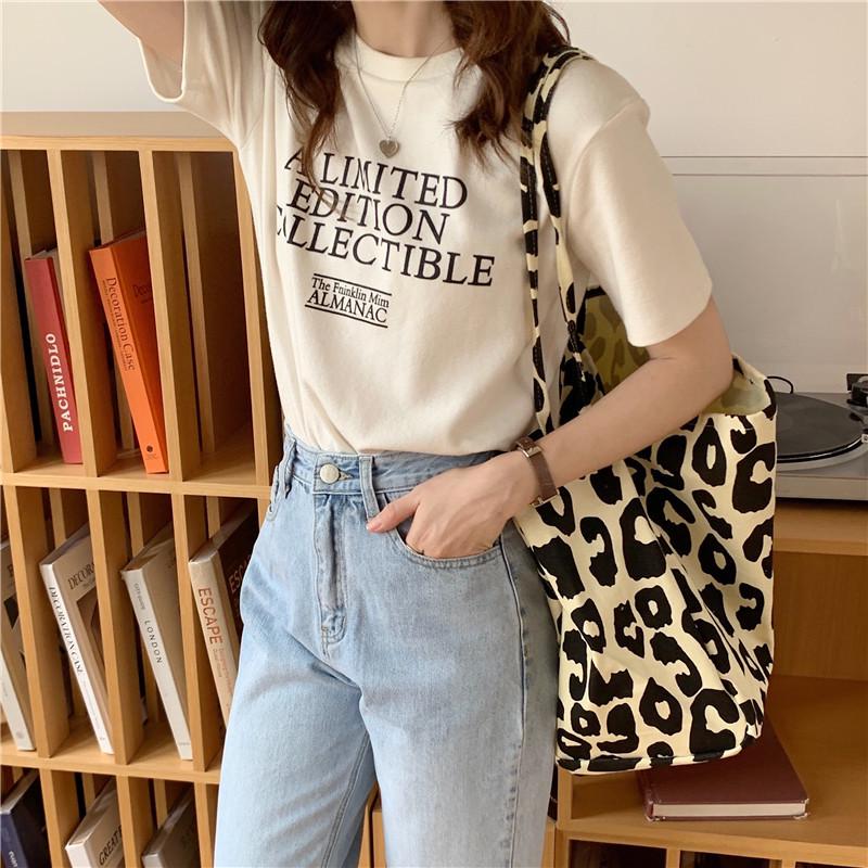 Borsa a Tote in Tela con Stampa Leopardo: Borsa a Spalla Beige alla Moda di Grande Capacità per Studentesse