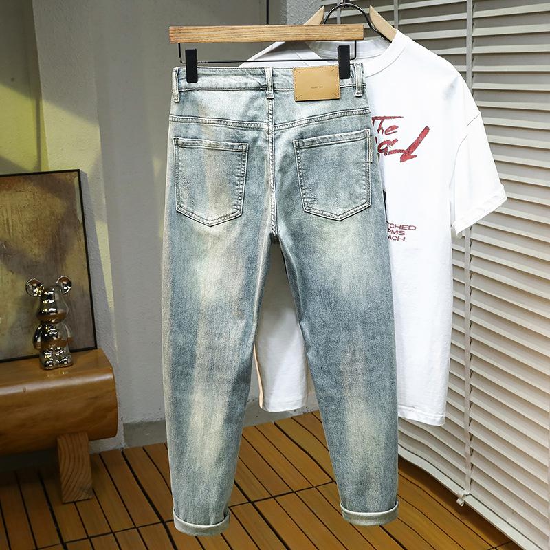 Wiosenne Podarte Naprawa Blizn Latająca Farba Elastyczny Denim Spodnie 9-punktowe Męskie Spodnie 9-punktowe