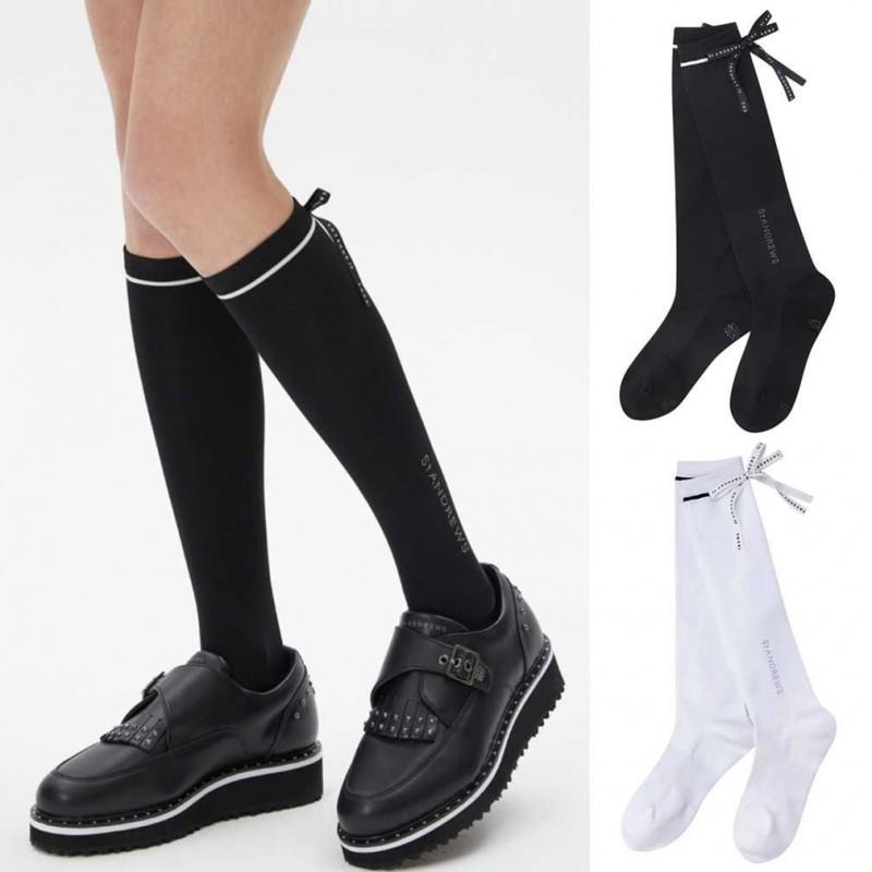 Womens Golf Socks Long Compression Sport Breathable Athletic Crew With Bow Detail Black White