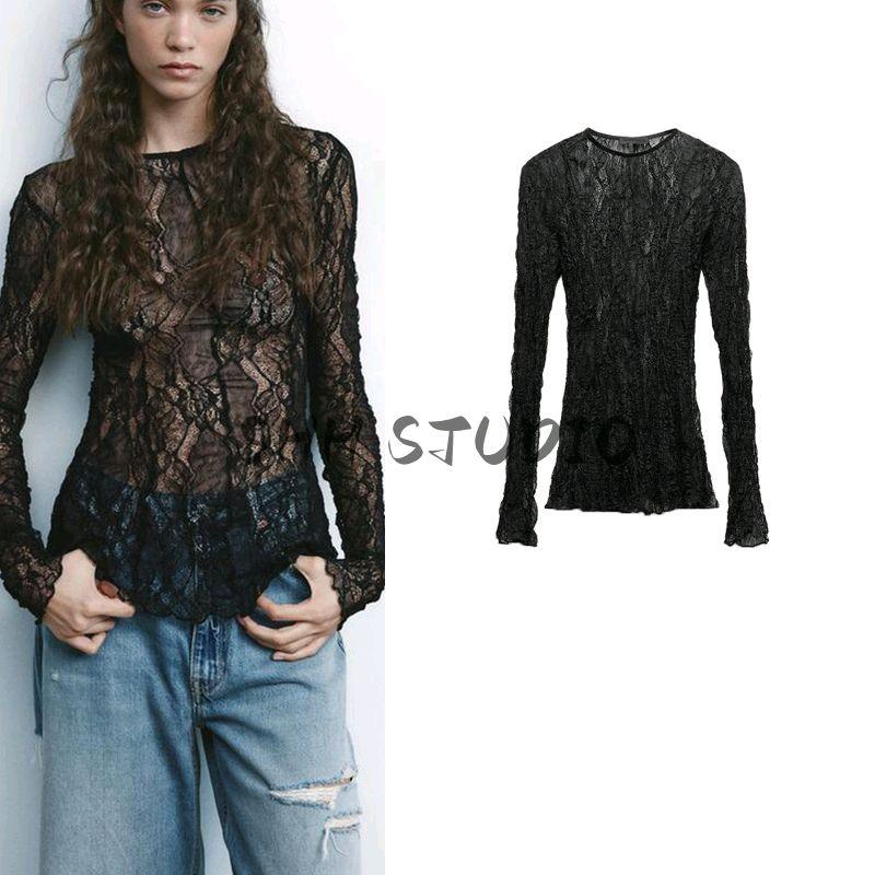 Spring New Women's Clothing Sexy Pure Desire Style Silm Long Sleeves round Neck Translucent Lace Tops 6050308