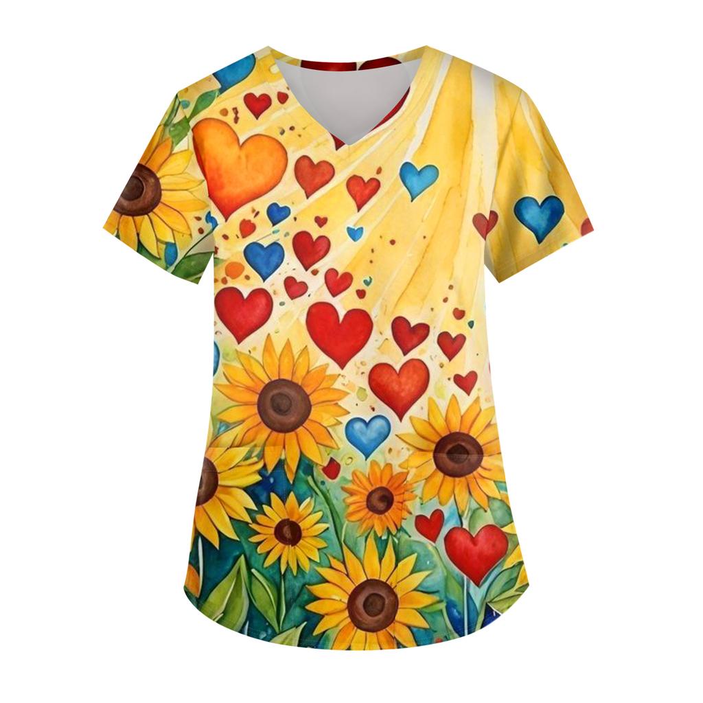 Ladies' Valentine's Day Printed Fashionable V-neck Pocket Short Sleeved  Uniform And Caregiver Top