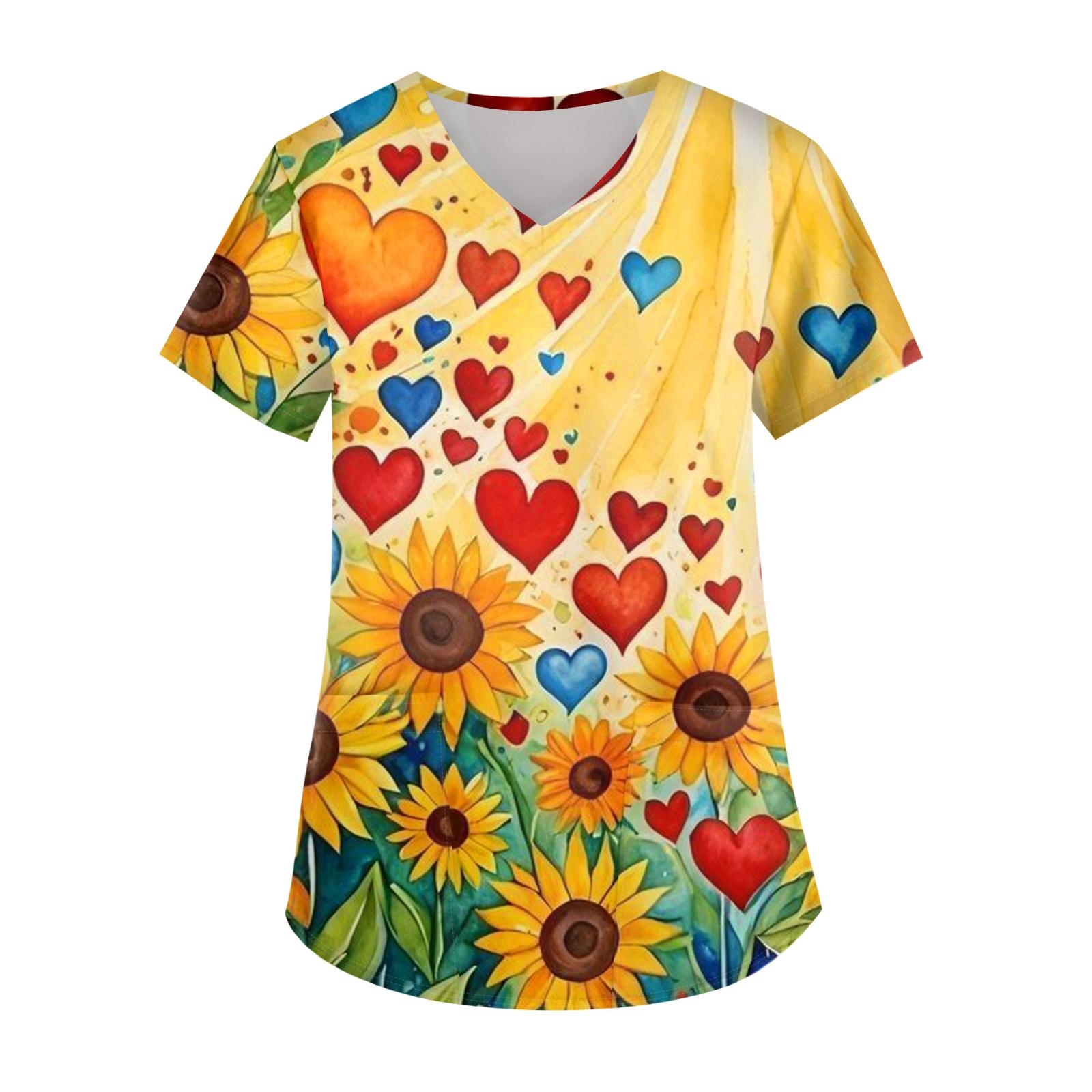 

Женская модная футболка с V-образным вырезом, карманом и короткими рукавами с принтом ко Дню святого Валентина, униформа и топ для воспитателя XL жёлтый