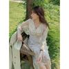 Long-sleeved Dress Women's Autumn Gentle Temperament Slim and Thin Floral Long V-neck Fishtail Skirt