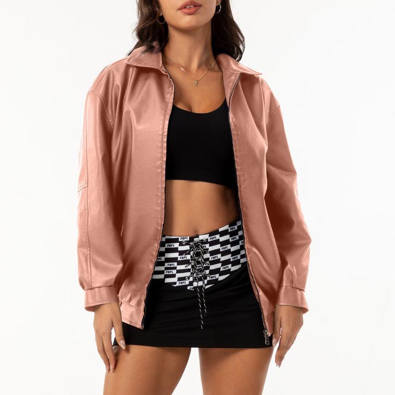 

Мода Мода Свободная Кожаная Женская Куртка Длинный Рукав Лацкан Весенне-Осенняя Куртка XXL розовый