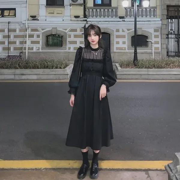 

Жіноча зимова корейська довга сукня з рукавом-ліхтариком і мереживом 2025 року XL чорний