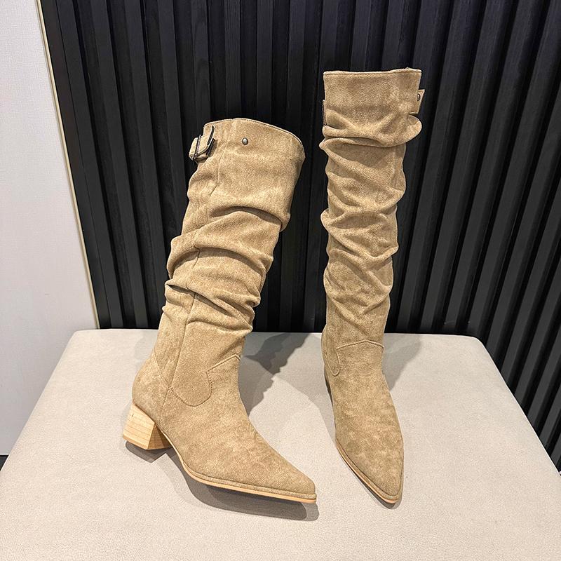 Sexy Pointed Toe Women High Boots Fashion High Heels Glossy Leather Shoes  Winter Suede Knee Goth Botas Mujer Luxury Pumps