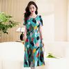 Summer Half Sleeve Print Long Plus Size Dress for Women Casual O-Neck High Waist Slim Ladies Maxi Dresses