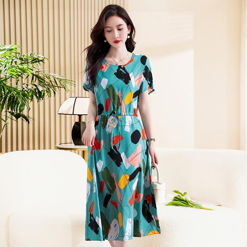 Summer Half Sleeve Print Long Plus Size Dress for Women Casual O-Neck High Waist Slim Ladies Maxi Dresses
