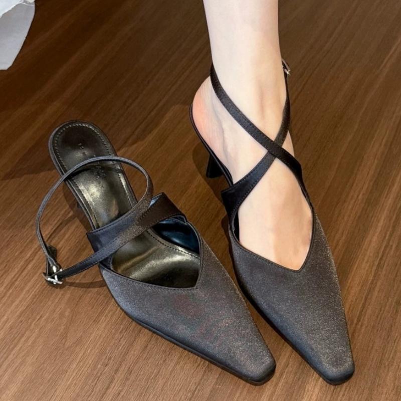 Mid Thin Heels Wedding Shoes For Bride Women's Pionted Toe Pumps 2025 New Style Cross Strap Party Satin Prom Dress Women Sandals