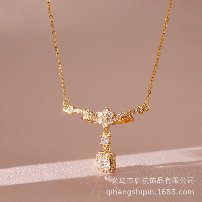 

Full Diamond Bow Necklace Women S Light Luxury Design Simple Micro-Inlaid Pendant Jewelry
