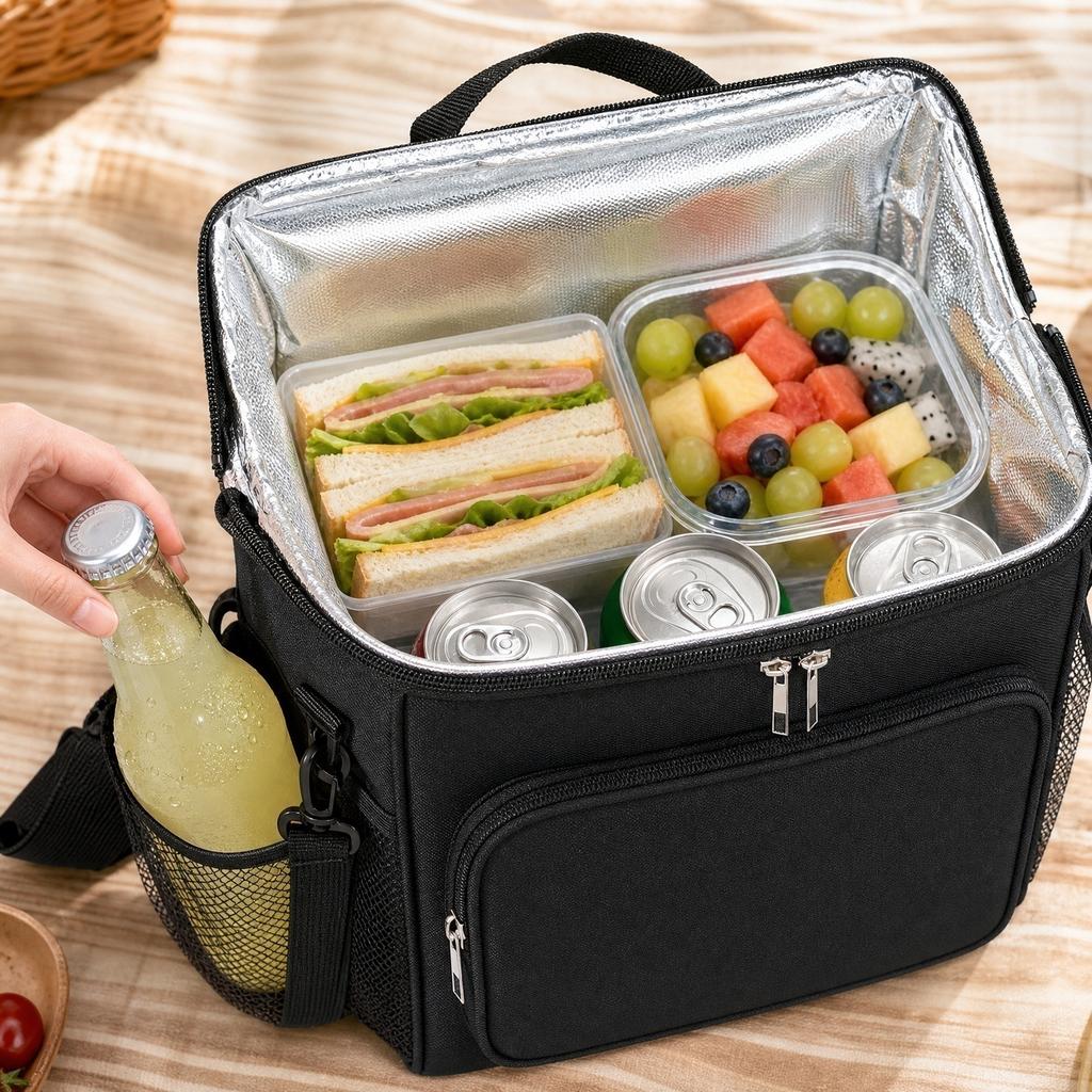 Portable Picnic Cooler Bag with Two-Layer Aluminum Foil Insulation Oxford Cloth Material Adjustable Shoulder Strap and Front Zipper Pocket