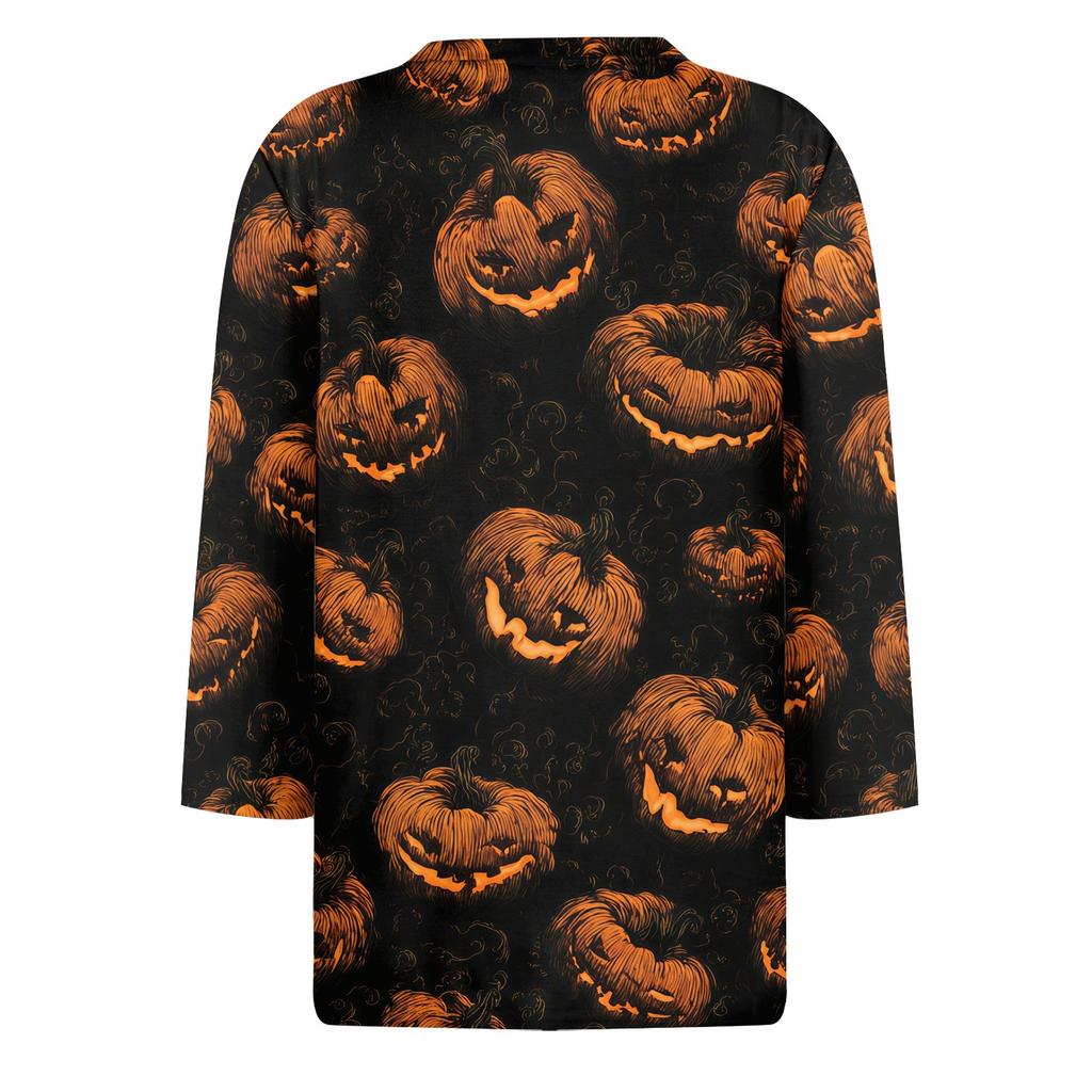 Women 3/4 Sleeve Casual Loose Fit Shirt Round Neck Halloween Pumpkin Print T-Shirt Top for Everyday Wear