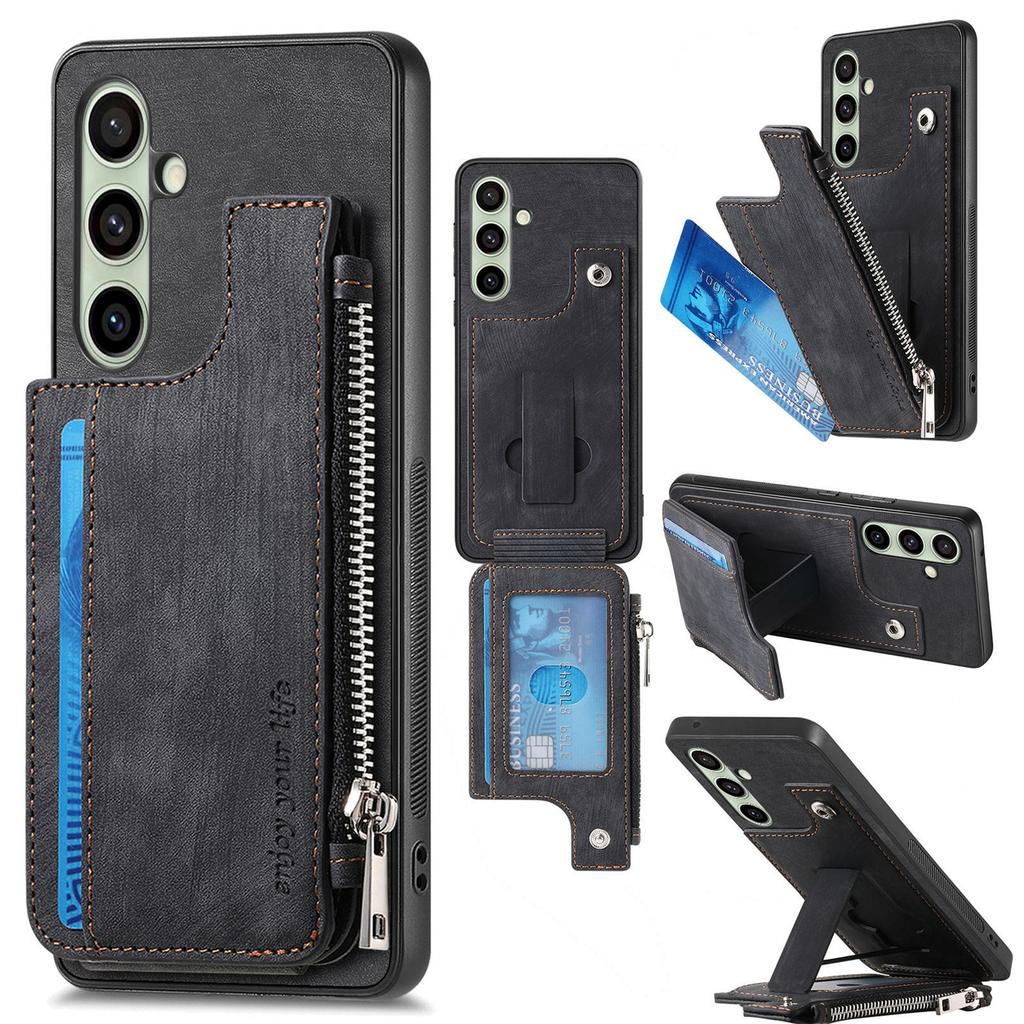 For Samsung Galaxy S24 FE Case Zipper Card Holder Kickstand Leather + PC + TPU Phone Cover