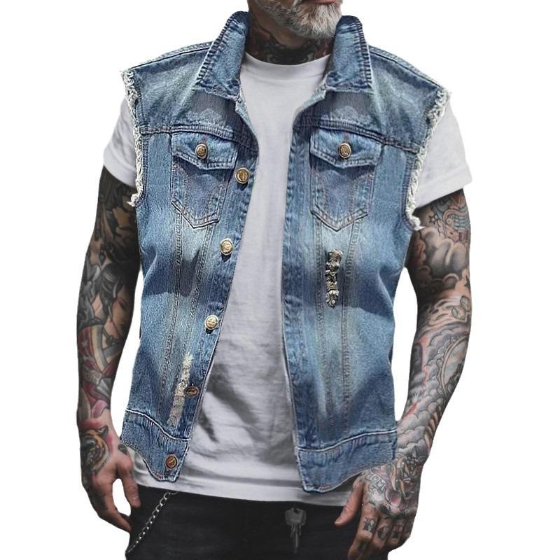 New Men's Denim Vest Casual Tooling Hole Locomotive Sleeveless Vest Top Men's Fashion