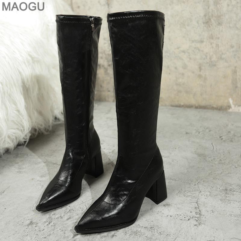Pu Leather Black Women's Knee-High Riding Boots Pointed Toe Chunky High Heel Fashion Long Boots Brown Size 35-42 Botas Mujer
