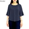ZANZEA Women Casual Round Neck Solid Color Loose 3/4 Sleeve Blouse