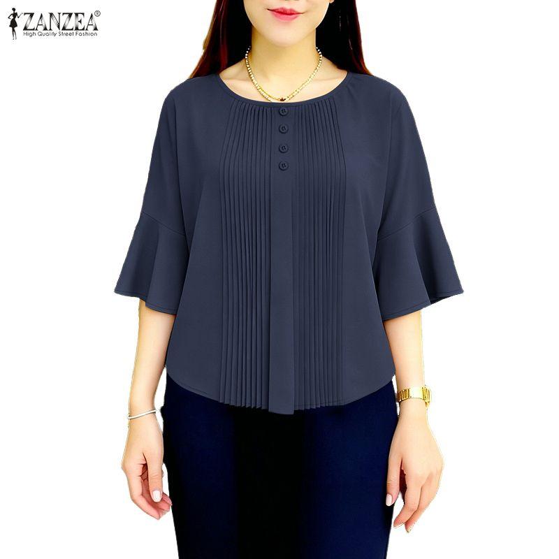 ZANZEA Women Casual Round Neck Solid Color Loose 3/4 Sleeve Blouse