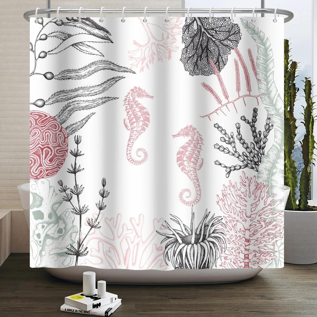Nautical Coastal Shower Curtain Starfish Coral Seashell Beach Ocean Bathroom Curtain Underwater Marine Waterproof Bath Curtain
