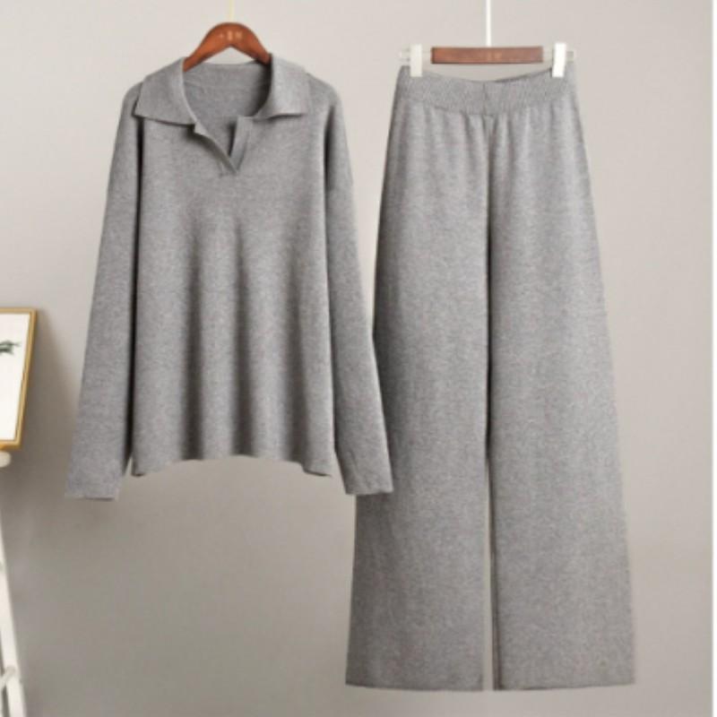 

Женский осенне-зимний комплект оверсайз вязаный пуловер с воротником поло + брюки широкие от бедра элегантный комплект из двух предметов XXS