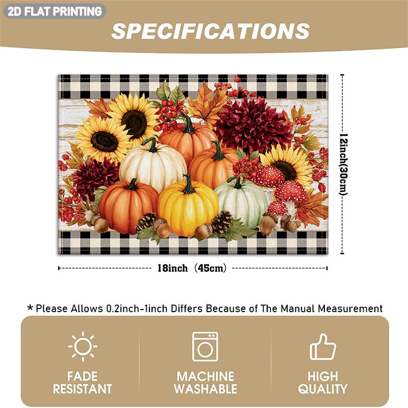 4/6pcs Set of Placemats with Pumpkin, Sunflower, Maple Leaf, Berry, Mushroom, and Pinecone Patterns, Featuring a Black and White Checkered Border Desi