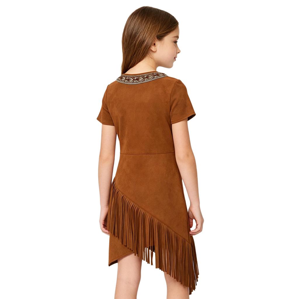 Vestito da bambina stile Southwest con frange Ispirazione nativa Manica corta Orlo con nappe Asimmetrico per Danza teatrale a tema