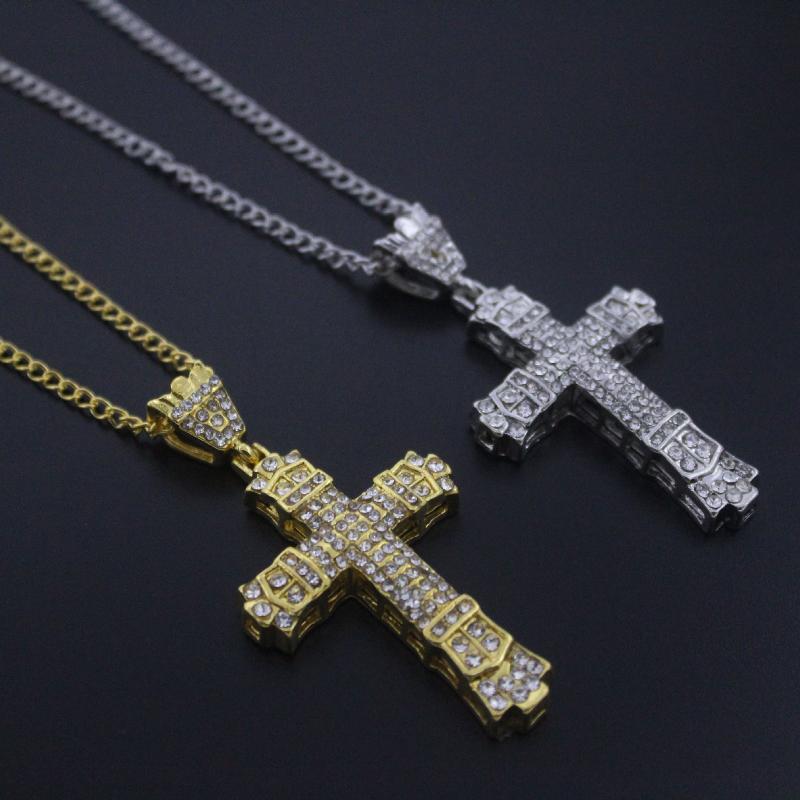 Unique Hip Hop Inlaid Rhinestone Exaggerated Retro Cross Pendant Men Necklace Jewelry Accessries
