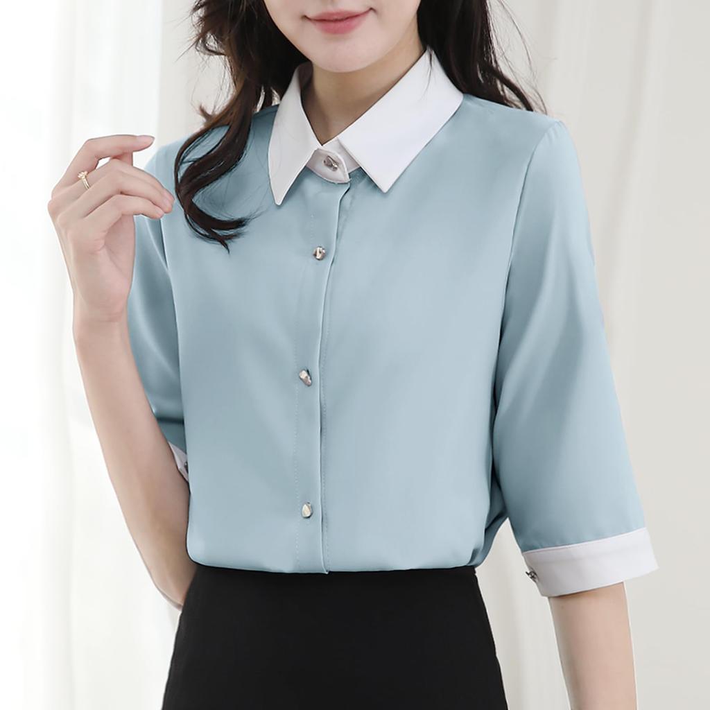 Shirt Blouse for Short Body Going Dress Summer [Yino] Women, Sleeve, Bicolor, Collared, Smooth, Covering, Slimming, Simple, Neat, Stylish, Commuting,