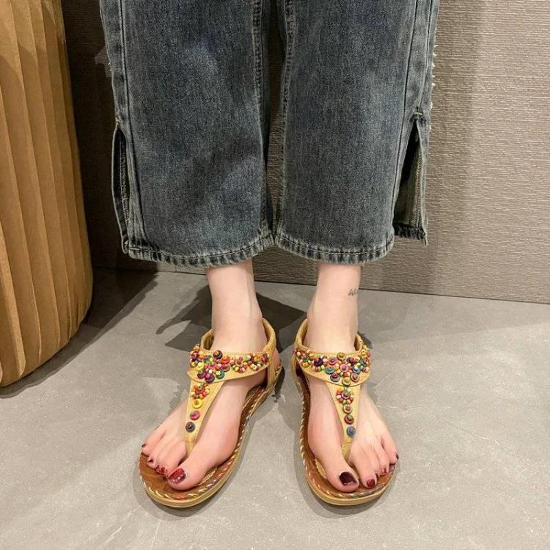 Fashion Summer Designer Casual Bohemia No Heel Sandals for Women 2025 Comfortable Anti Slip Hot Luxury On Sale Wholesale Vip Woman Shoes