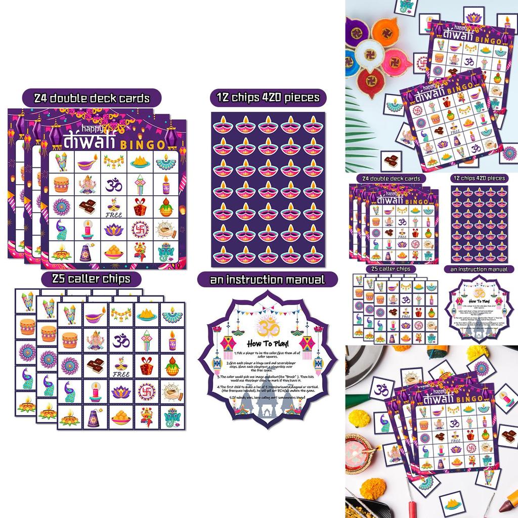 Diwali Festival Bingo Card Game Set With Stickers Call Cards For Family Celebration