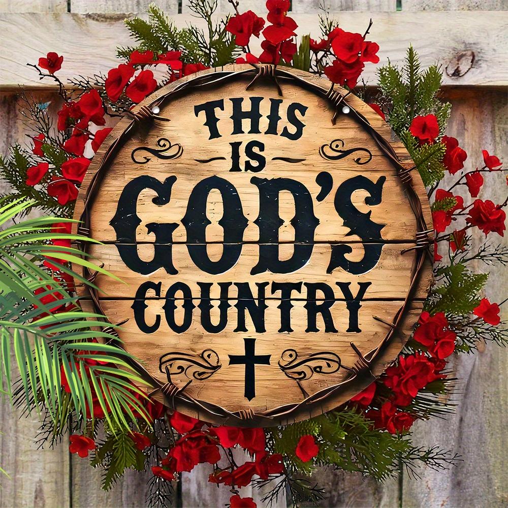 Vintage Chic Wooden Round Sign Pendant - Inspirational"This Is Gods Country" Quote, Perfect for Home & Farmhouse Decor, Ideal Gift for Living Room
