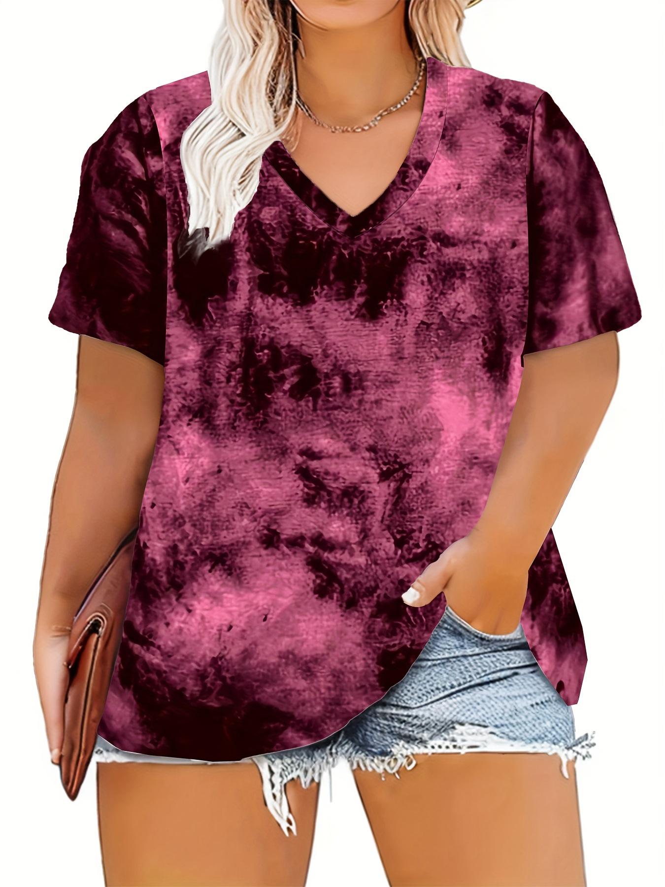 

2025 Women s Plus Size Tie-Dye V-Neck Short-Sleeve Top 4XL червоний