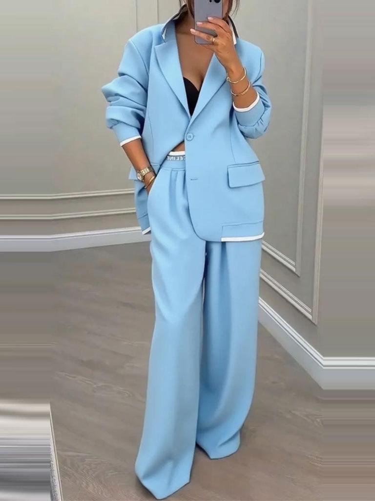 Women's Oversized Blazer Suit Set, Two Piece Wide Leg Pant Suit with White Trim