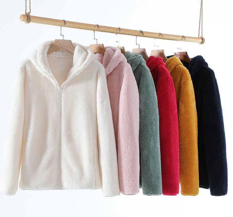 Women’s Double-Sided Coral Fleece Hoodie - Warm, Windproof, Zip-Up Cardigan for Casual Autumn/Winter Home Wear