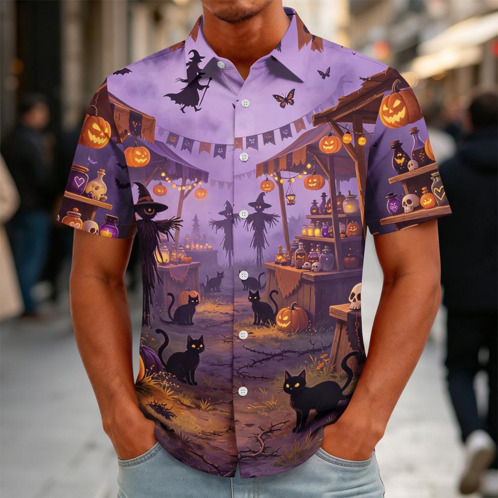 Men's Halloween Print Vintage Texture Button Down Cardigan, Loose Fit Breathable Summer Streetwear Casual Shirt