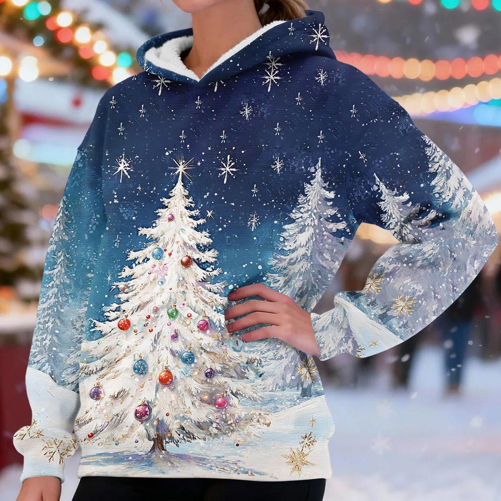 Women's Fashionable Casual Long-Sleeved Christmas Print Fleece-Lined Thick Hooded Sweatshirt