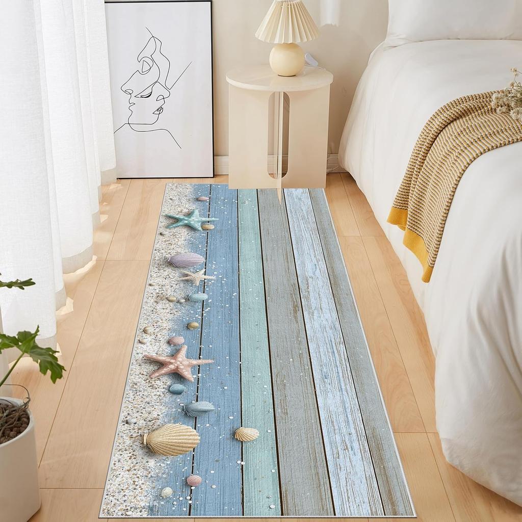 Underwater World Runner Rug Coral Starfish Shell Conch Seahorse Print Carpet Daily Home Decor Non-Slip Hallway Bedroom Floormat
