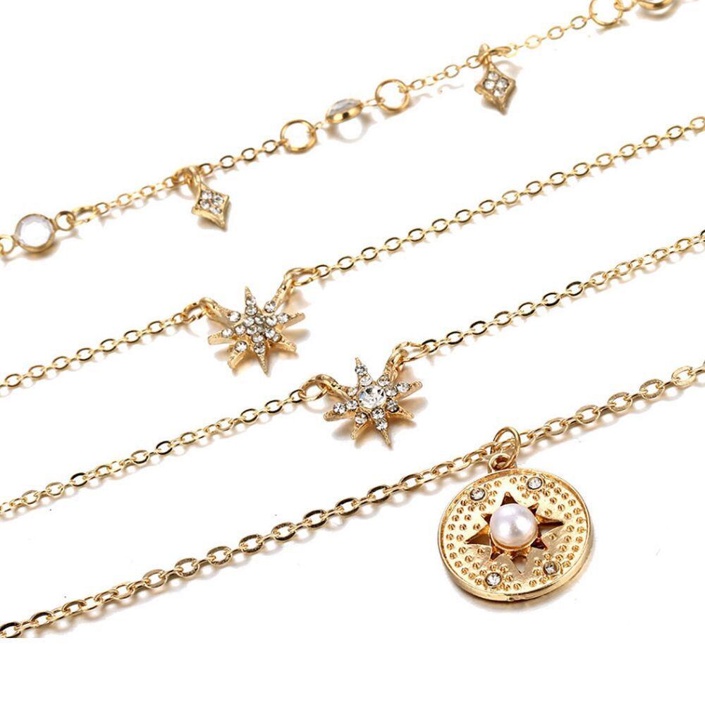 Bohemian fashion European and American trends Full of diamonds Star inlaid pearls Multi-layer necklace Collarbone chain Women
