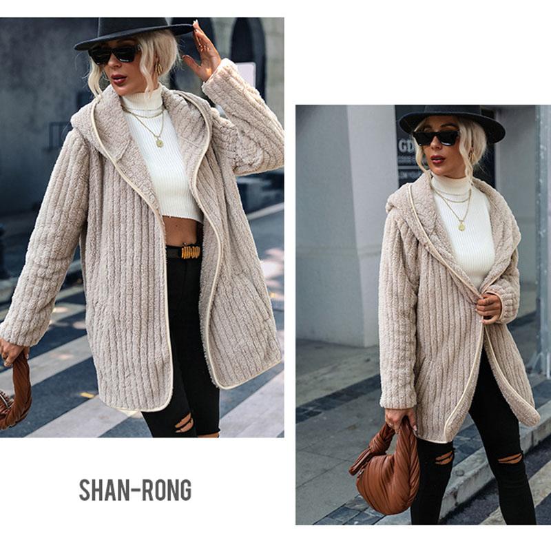 Hooded Double-sided Plush Cardigan Jacket Women's Loose Buttonless Outerwear Solid Color Long Sleeved Coat Warm Casual Autumn and Winter