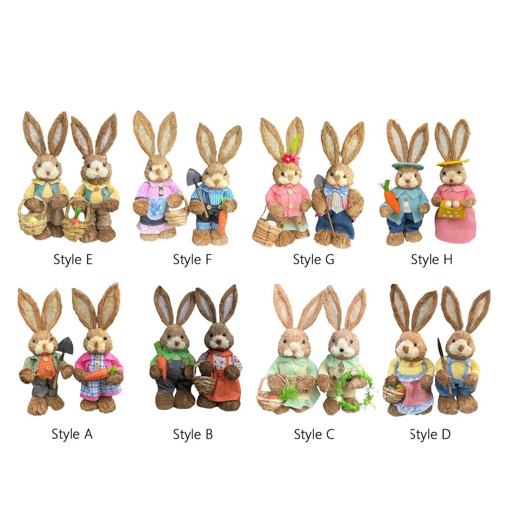 2 Pieces Easter Bunny Rabbit Straw Figures Decoration 35cm Tall Vivid and Lovely Lifelike Holiday Gifts Exquisite Craftsmanship