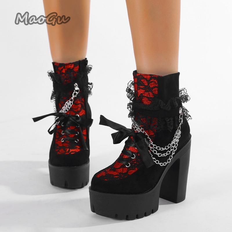 Fashion Gothic Vintage Chunky Heel Thick Bottom Short Boots Women Lace Chain 13CM High Heels Punk Ankle Boots for Women Botas Mujer